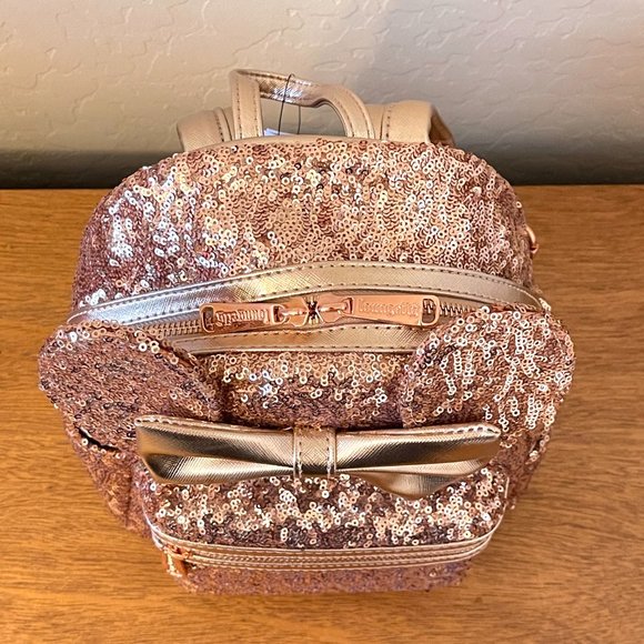 New Disney Parks Loungefly Backpack Bag Rose Gold Sequin NWT - Picture 5 of 7
